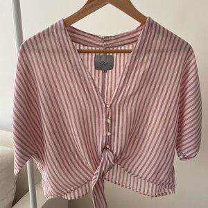 Rails Women’s Linen Blend Pink and White Short Sleeve Tie Front Blouse